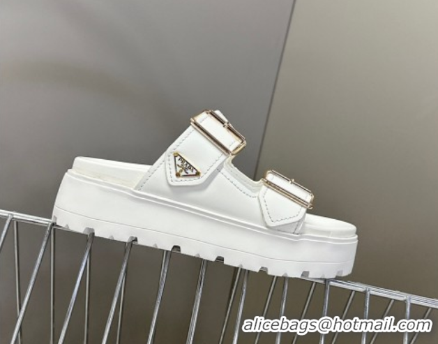Cheap Price Prada Leather Platform strap slides sandal 4.5cm with buckle White 1XX692 0530018