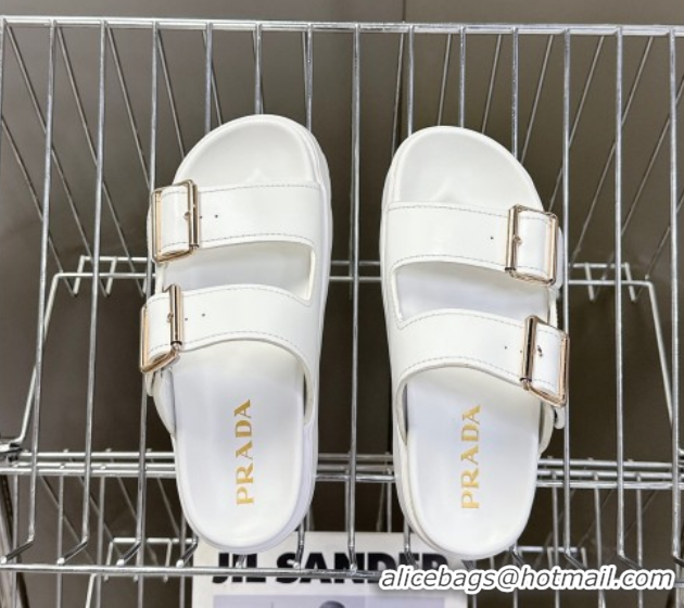 Cheap Price Prada Leather Platform strap slides sandal 4.5cm with buckle White 1XX692 0530018
