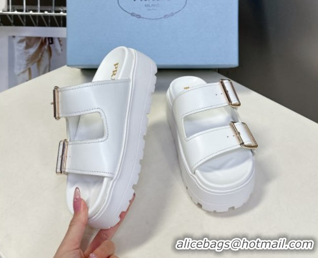 Cheap Price Prada Leather Platform strap slides sandal 4.5cm with buckle White 1XX692 0530018