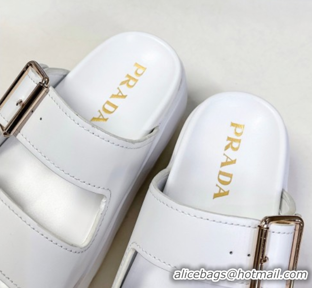 Cheap Price Prada Leather Platform strap slides sandal 4.5cm with buckle White 1XX692 0530018