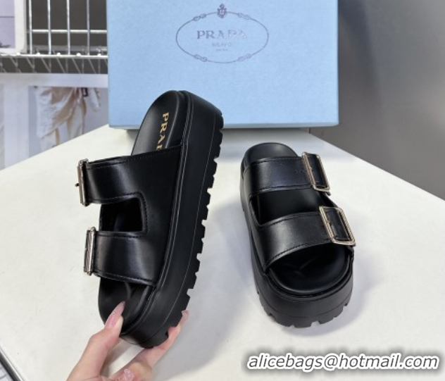 Purchase Prada Calf Leather Platform strap slides sandal 4.5cm with buckle Black 1XX692 0530019