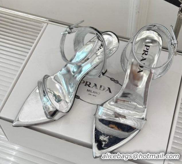 Low Cost Prada Brushed Leather Pointed Sandals 9.5cm Silver PR053002 0530020