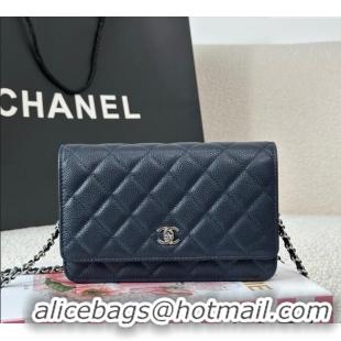 Shop Discount Chanel Grained Calfskin Classic Wallet on Chain WOC AP4241 Navy Blue/Silver 2025
