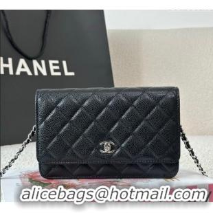 Top Quality Chanel Grained Calfskin Classic Wallet on Chain WOC AP4241 Black/Silver 2025