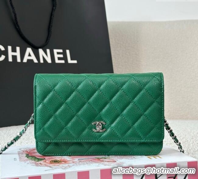 Top Grade Chanel Grained Calfskin Classic Wallet on Chain WOC AP4241 Green2/Silver 2025