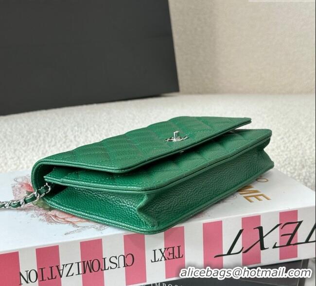 Top Grade Chanel Grained Calfskin Classic Wallet on Chain WOC AP4241 Green2/Silver 2025