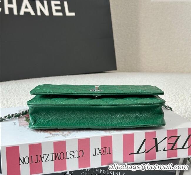 Top Grade Chanel Grained Calfskin Classic Wallet on Chain WOC AP4241 Green2/Silver 2025