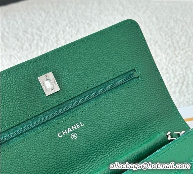 Top Grade Chanel Grained Calfskin Classic Wallet on Chain WOC AP4241 Green2/Silver 2025