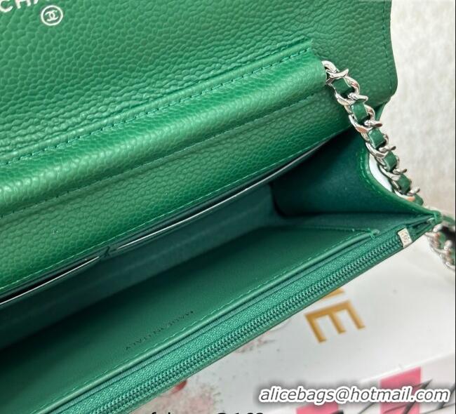 Top Grade Chanel Grained Calfskin Classic Wallet on Chain WOC AP4241 Green2/Silver 2025