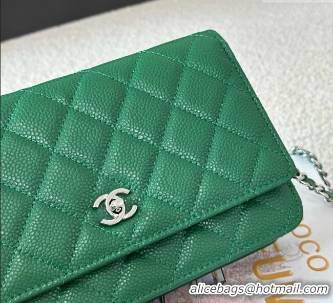 Top Grade Chanel Grained Calfskin Classic Wallet on Chain WOC AP4241 Green2/Silver 2025