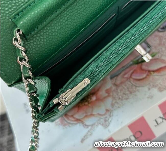 Top Grade Chanel Grained Calfskin Classic Wallet on Chain WOC AP4241 Green2/Silver 2025
