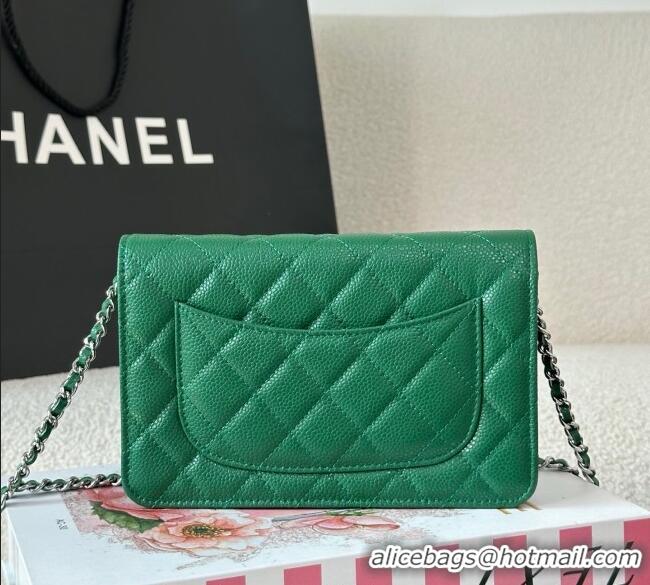 Top Grade Chanel Grained Calfskin Classic Wallet on Chain WOC AP4241 Green2/Silver 2025