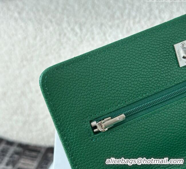 Top Grade Chanel Grained Calfskin Classic Wallet on Chain WOC AP4241 Green2/Silver 2025