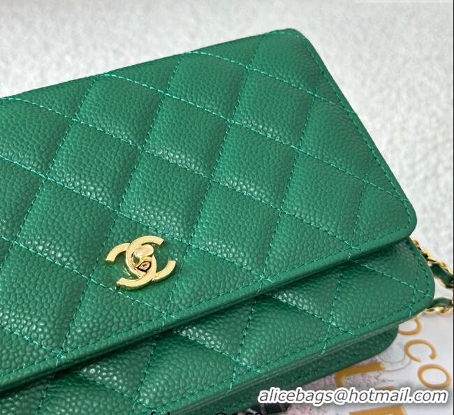 Low Cost Chanel Grained Calfskin Classic Wallet on Chain WOC AP4241 Green/Gold 2025