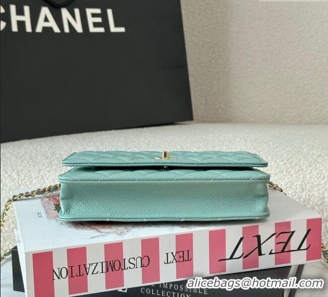 Well Crafted Chanel Grained Calfskin Classic Wallet on Chain WOC AP4241 Light Green/Gold 2025