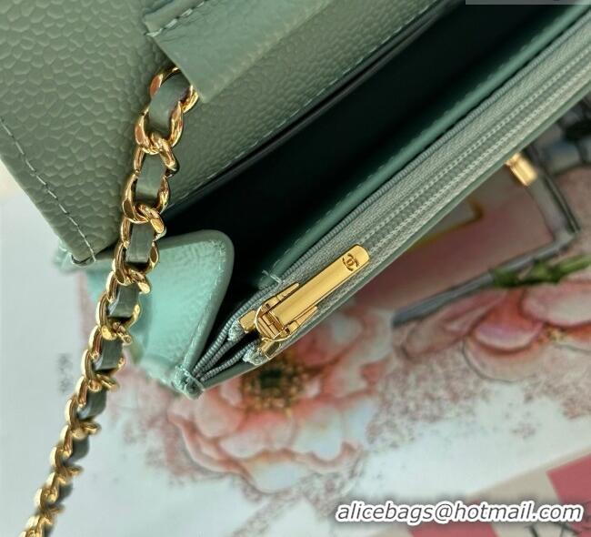 Well Crafted Chanel Grained Calfskin Classic Wallet on Chain WOC AP4241 Light Green/Gold 2025