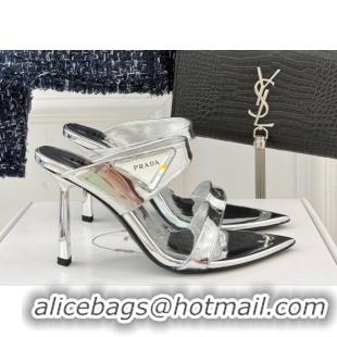 Perfect Prada Brushed Leather Pointed Slides Sandal 9.5cm Silver 0530025