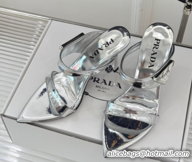 Perfect Prada Brushed Leather Pointed Slides Sandal 9.5cm Silver 0530025