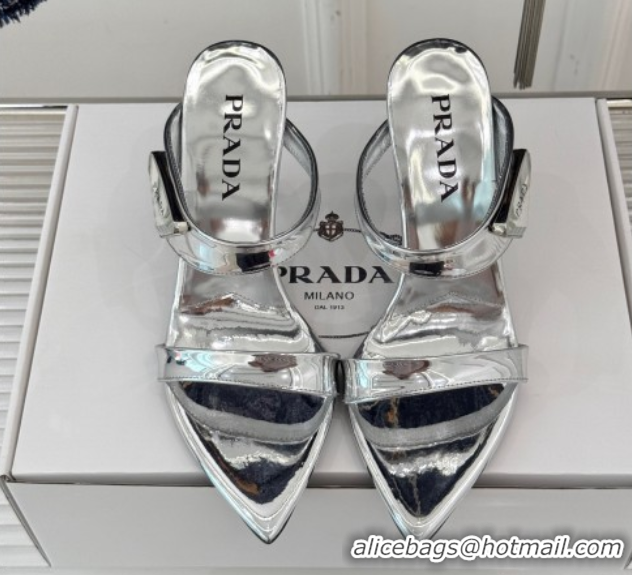 Perfect Prada Brushed Leather Pointed Slides Sandal 9.5cm Silver 0530025