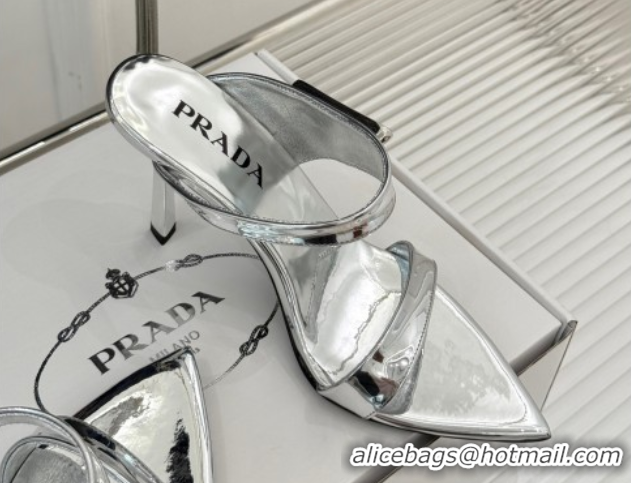 Perfect Prada Brushed Leather Pointed Slides Sandal 9.5cm Silver 0530025