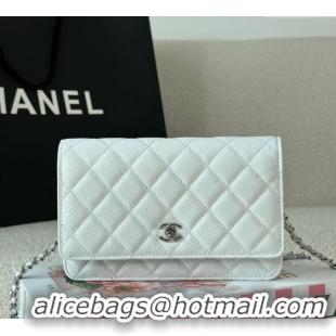 Grade Design Chanel Grained Calfskin Classic Wallet on Chain WOC AP4241 White/Silver 2025