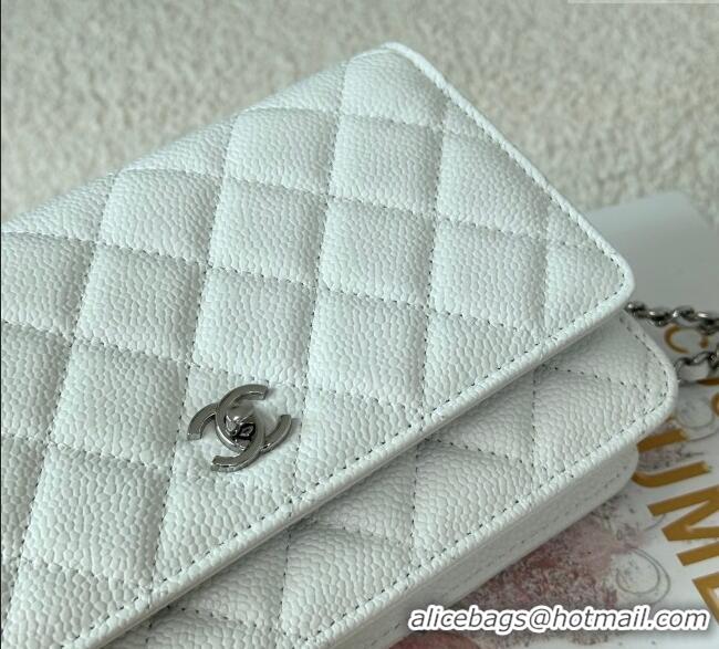 Grade Design Chanel Grained Calfskin Classic Wallet on Chain WOC AP4241 White/Silver 2025