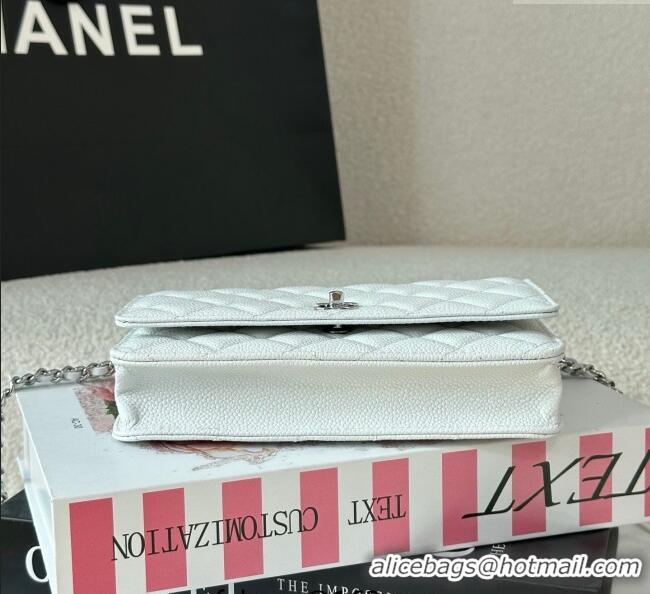 Grade Design Chanel Grained Calfskin Classic Wallet on Chain WOC AP4241 White/Silver 2025