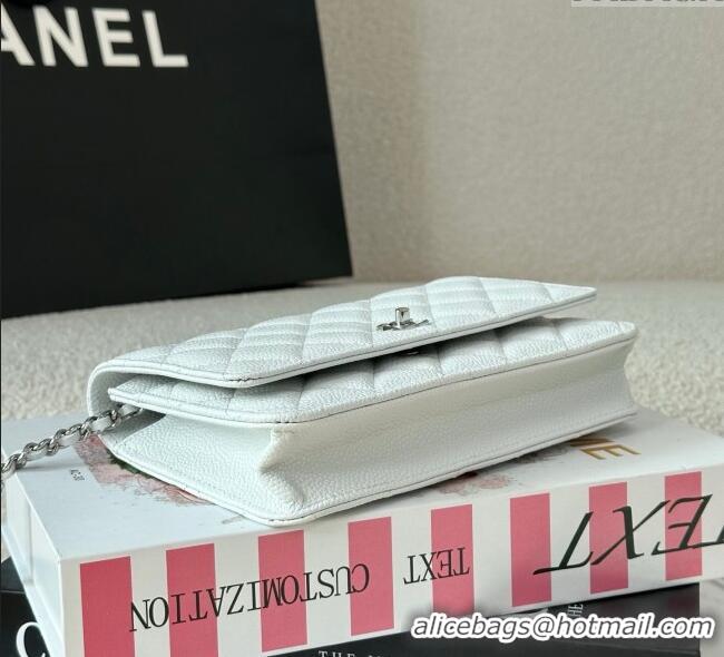 Grade Design Chanel Grained Calfskin Classic Wallet on Chain WOC AP4241 White/Silver 2025