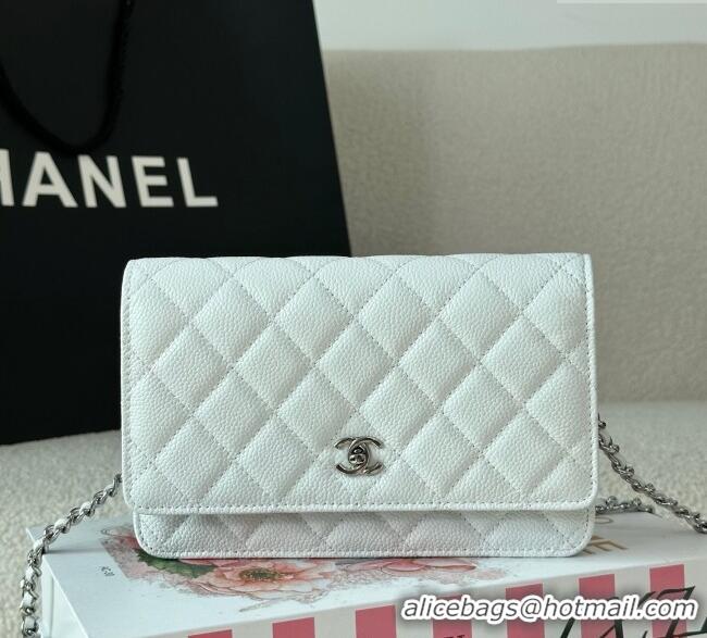 Grade Design Chanel Grained Calfskin Classic Wallet on Chain WOC AP4241 White/Silver 2025