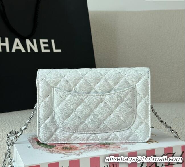 Grade Design Chanel Grained Calfskin Classic Wallet on Chain WOC AP4241 White/Silver 2025