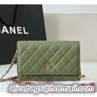 Top Grade Chanel Grained Calfskin Classic Wallet on Chain WOC AP4241 Khaki Green/Gold 2025
