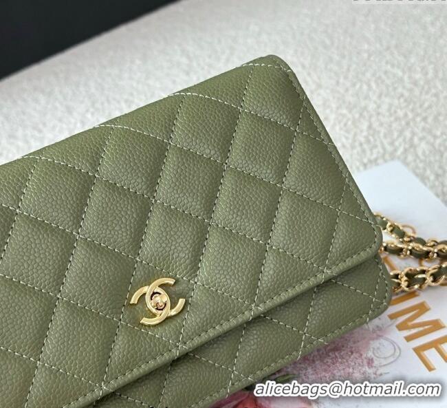 Top Grade Chanel Grained Calfskin Classic Wallet on Chain WOC AP4241 Khaki Green/Gold 2025