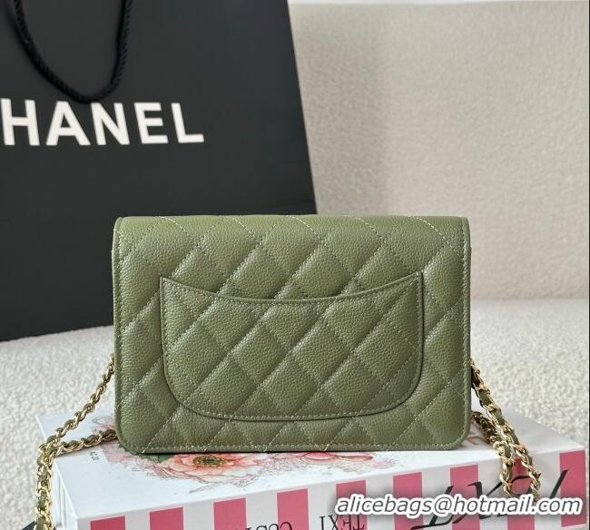 Top Grade Chanel Grained Calfskin Classic Wallet on Chain WOC AP4241 Khaki Green/Gold 2025