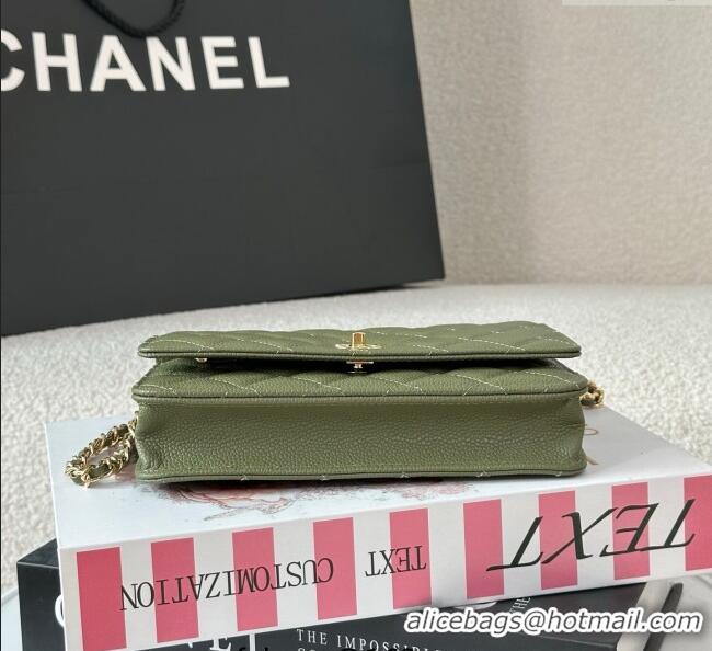 Top Grade Chanel Grained Calfskin Classic Wallet on Chain WOC AP4241 Khaki Green/Gold 2025
