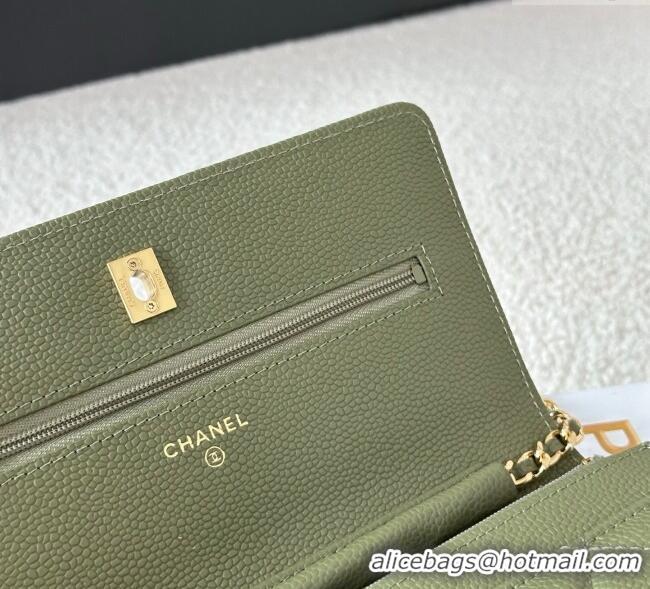 Top Grade Chanel Grained Calfskin Classic Wallet on Chain WOC AP4241 Khaki Green/Gold 2025