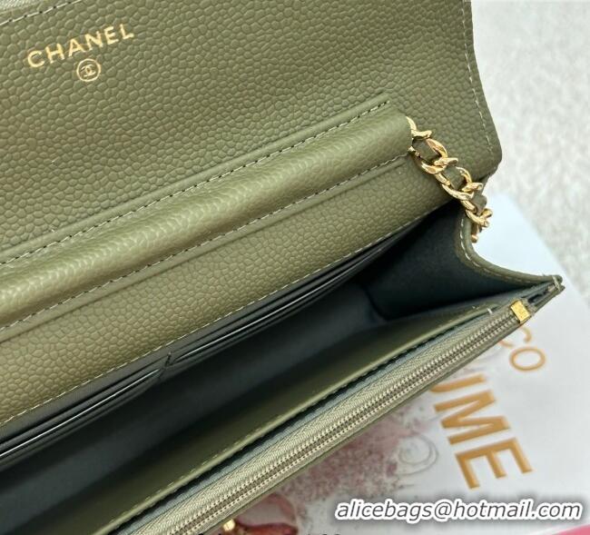 Top Grade Chanel Grained Calfskin Classic Wallet on Chain WOC AP4241 Khaki Green/Gold 2025