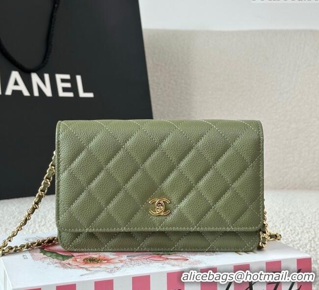 Top Grade Chanel Grained Calfskin Classic Wallet on Chain WOC AP4241 Khaki Green/Gold 2025