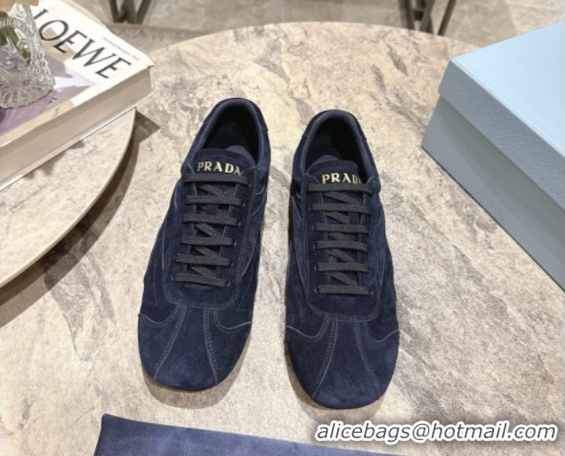 Best Grade Prada Antiqued Suede Sneakers Dark Blue 2025 PR053004