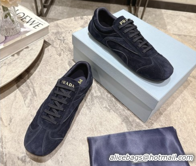 Best Grade Prada Antiqued Suede Sneakers Dark Blue 2025 PR053004