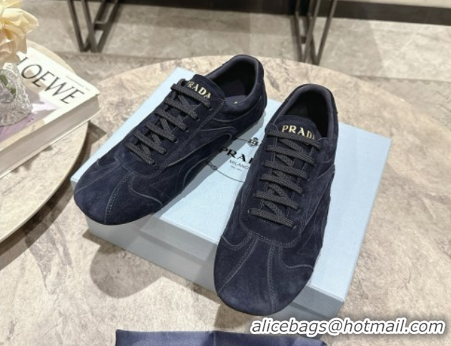 Best Grade Prada Antiqued Suede Sneakers Dark Blue 2025 PR053004