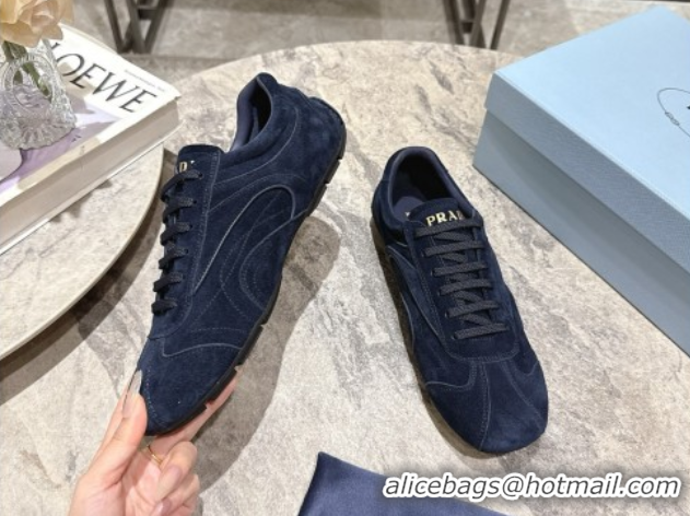 Best Grade Prada Antiqued Suede Sneakers Dark Blue 2025 PR053004