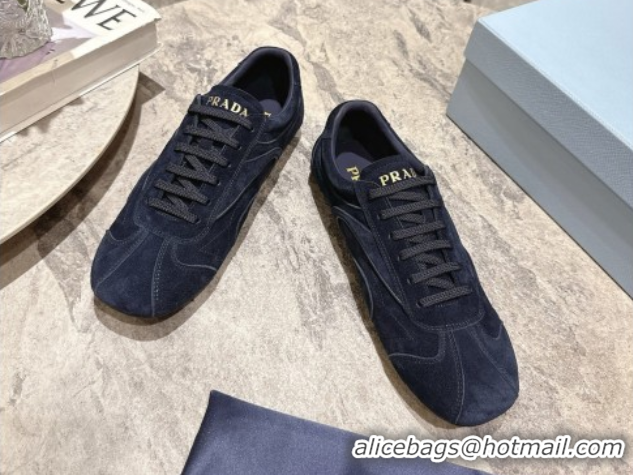 Best Grade Prada Antiqued Suede Sneakers Dark Blue 2025 PR053004