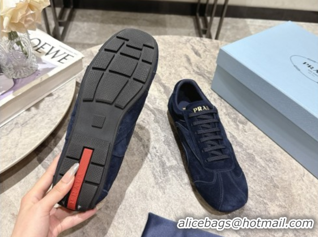 Best Grade Prada Antiqued Suede Sneakers Dark Blue 2025 PR053004