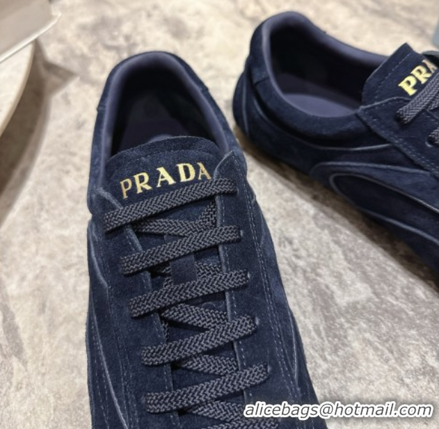 Best Grade Prada Antiqued Suede Sneakers Dark Blue 2025 PR053004