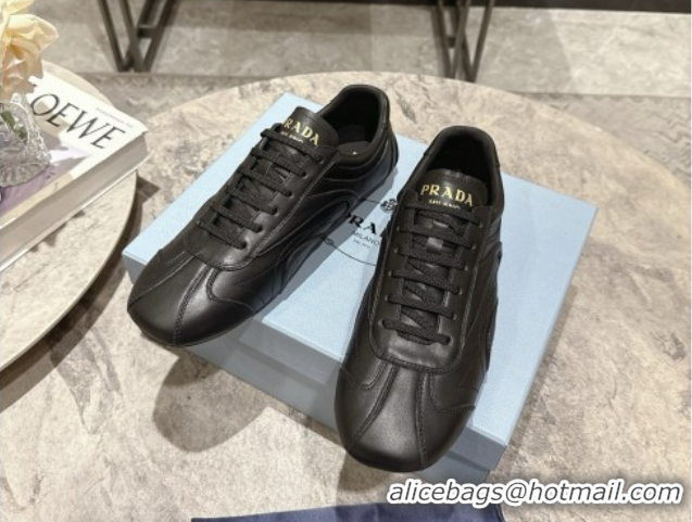 Shop Duplicate Prada Antiqued Leather Sneakers Black 2025 PR053004