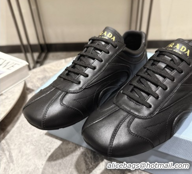 Shop Duplicate Prada Antiqued Leather Sneakers Black 2025 PR053004
