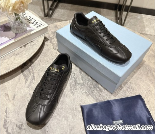 Shop Duplicate Prada Antiqued Leather Sneakers Black 2025 PR053004