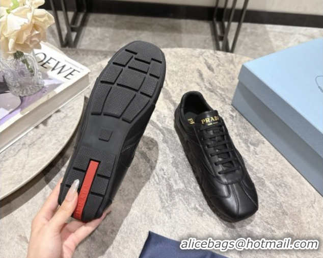Shop Duplicate Prada Antiqued Leather Sneakers Black 2025 PR053004