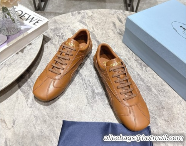 Pretty Style Prada Antiqued Leather Sneakers Light Brown 2025 PR053004