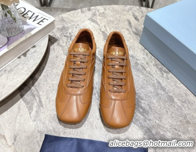 Pretty Style Prada Antiqued Leather Sneakers Light Brown 2025 PR053004
